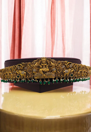 Beautiful Lakshmi motive hip belt with Diamond look and green beads